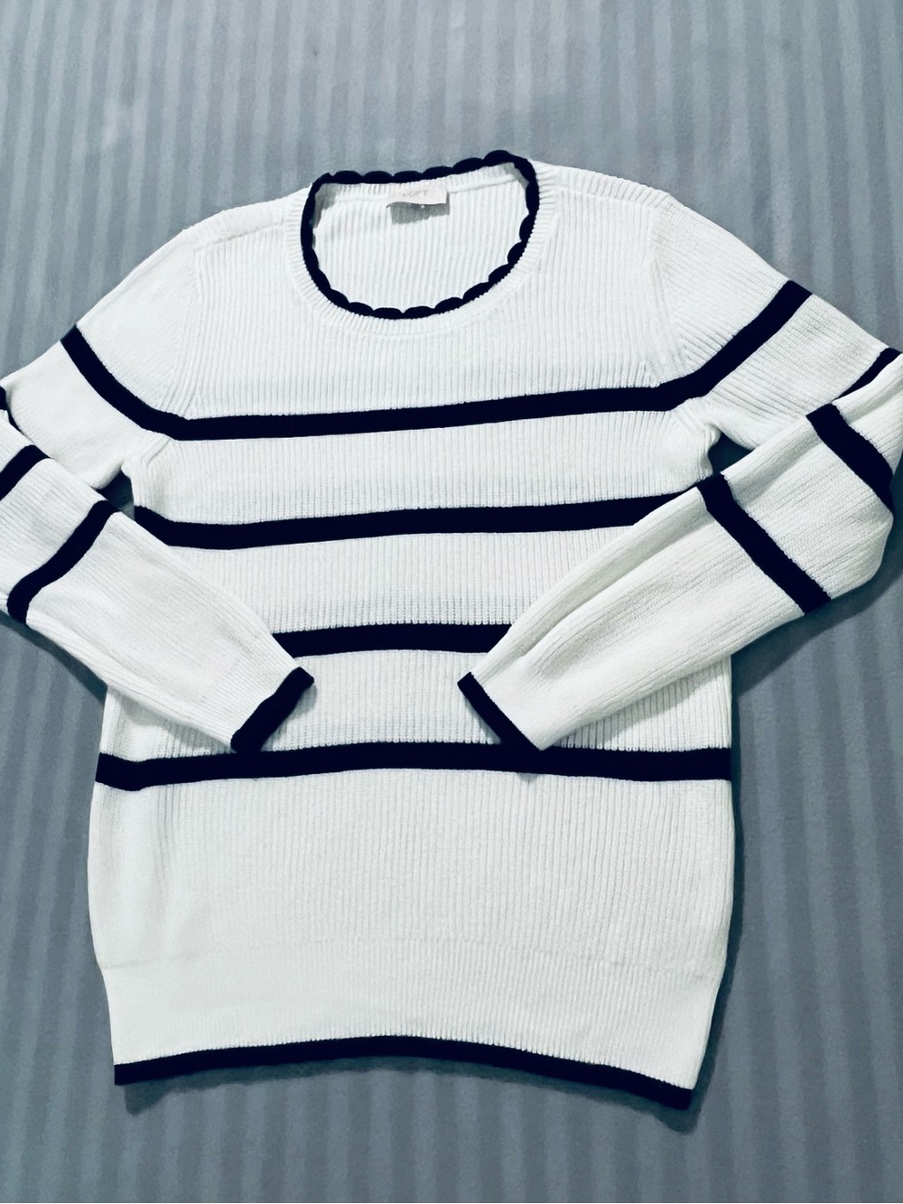 LOFT White Crewneck Sweater with Navy Stripes